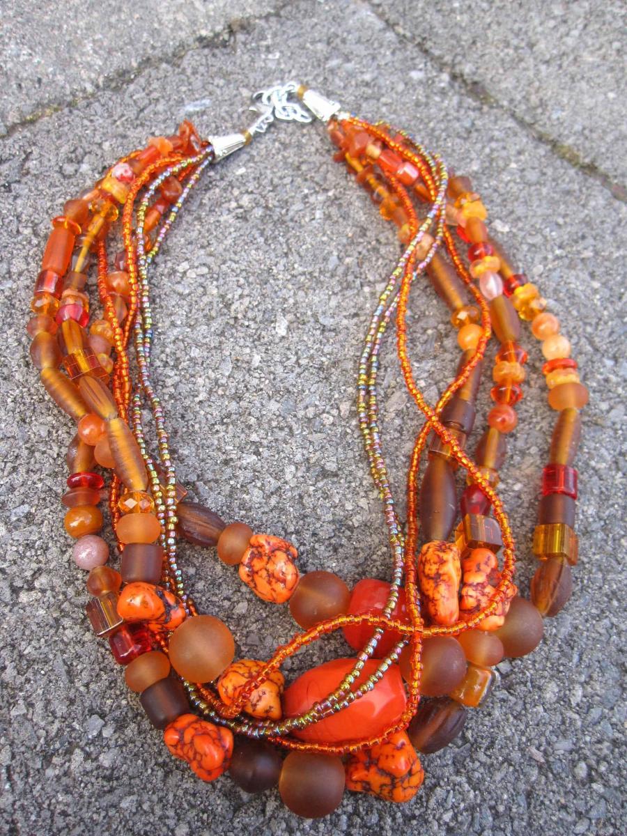 orange and brown statement beaded necklace 